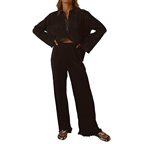 Women's 2 Piece Casual Outfits Loungewear Set Loose Comfy Button Down Shirt High Waist Long Pants (Large, x-Black)