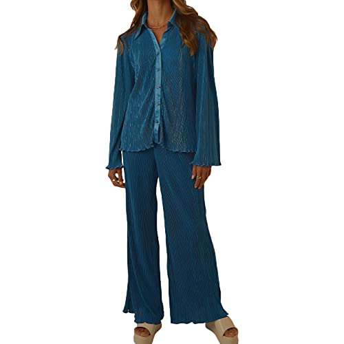 Women's 2 Piece Casual Outfits Loungewear Set Loose Comfy Button Down Shirt High Waist Long Pants (Small, Light Blue)