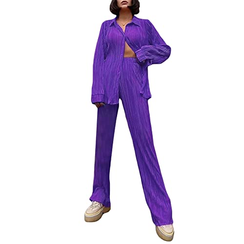 Women's 2 Piece Casual Outfits Loungewear Set Loose Comfy Button Down Shirt High Waist Long Pants (Small, Purple)