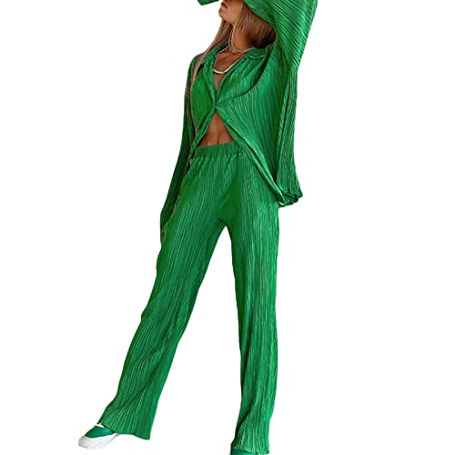 Women's 2 Piece Casual Outfits Loungewear Set Loose Comfy Button Down Shirt High Waist Long Pants (Small, Green)