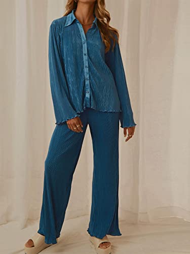 Women's 2 Piece Casual Outfits Loungewear Set Loose Comfy Button Down Shirt High Waist Long Pants (Small, Light Blue)