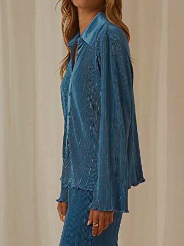 Women's 2 Piece Casual Outfits Loungewear Set Loose Comfy Button Down Shirt High Waist Long Pants (Small, Light Blue)