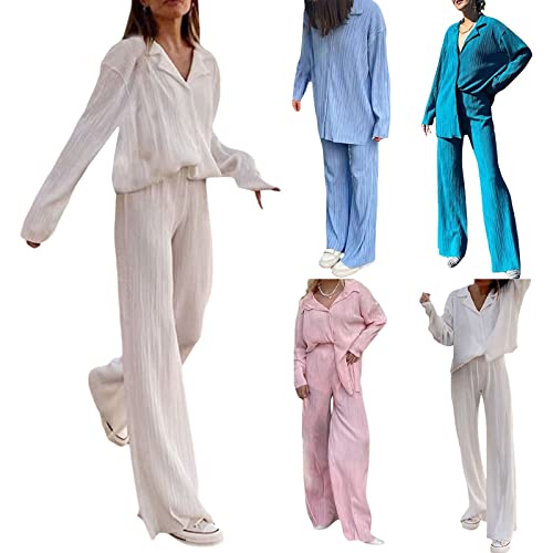 Women's 2 Piece Casual Outfits Loungewear Set Loose Comfy Button Down Shirt High Waist Long Pants (Small, Light Blue)