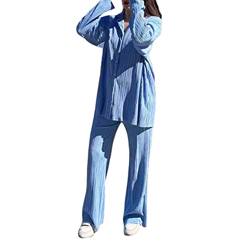 Women's 2 Piece Casual Outfits Loungewear Set Loose Comfy Button Down Shirt High Waist Long Pants (Small, Light Blue)