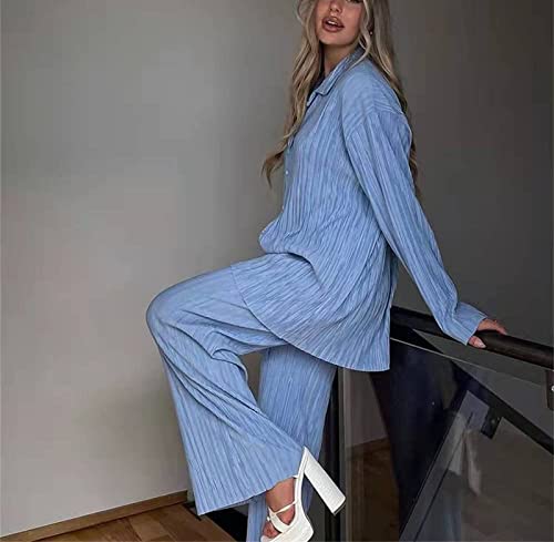 Women's 2 Piece Casual Outfits Loungewear Set Loose Comfy Button Down Shirt High Waist Long Pants (Small, Light Blue)