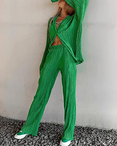 Women's 2 Piece Casual Outfits Loungewear Set Loose Comfy Button Down Shirt High Waist Long Pants (Small, Green)