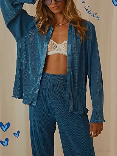 Women's 2 Piece Casual Outfits Loungewear Set Loose Comfy Button Down Shirt High Waist Long Pants (Small, Green)