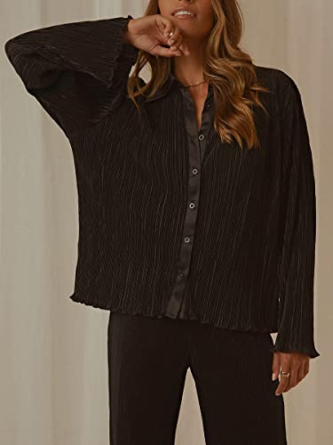 Women's 2 Piece Casual Outfits Loungewear Set Loose Comfy Button Down Shirt High Waist Long Pants (Large, x-Black)