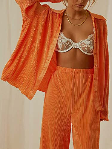 Women's 2 Piece Casual Outfits Loungewear Set Loose Comfy Button Down Shirt High Waist Long Pants (Small, Green)