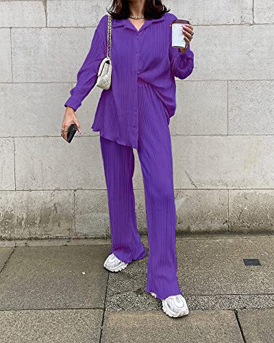 Women's 2 Piece Casual Outfits Loungewear Set Loose Comfy Button Down Shirt High Waist Long Pants (Small, Purple)