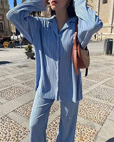 Women's 2 Piece Casual Outfits Loungewear Set Loose Comfy Button Down Shirt High Waist Long Pants (Small, Light Blue)